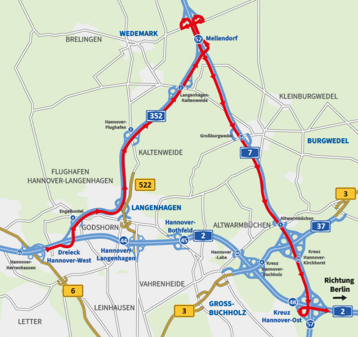 die anhängende visualisierung veranschaulicht die umleitungsstrecke der a2-turbobaustellen.