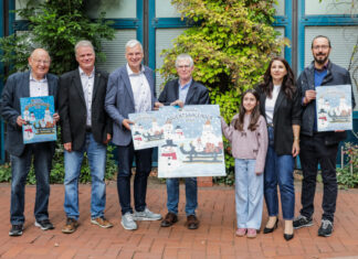 Lions-Adventskalender 2026: 212 Gewinne für Langenhagen Vorstellung des Siegerbildes des diesjährigen Lions-Adventskalenders.(vo.li.): Hans-Gerhard Knieß, Frank Baumgarten, Mirko Heuer, Wilhelm Hicking, Medeea Gombos (Künstlerin) mit Eltern Anca und Radu Gombos.