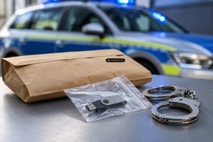 Symbolbild: Polizei / Polizeiwagen / Beweismittel / Handschellen. - ki-generiert
