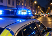 Das ki-generierte Symbolbild zeigt einen nächtlichen Polizeieinsatz mit Blaulicht im Querformat – ohne Menschen und Gesichter. Es stellt keinen konkreten Tatort dar.