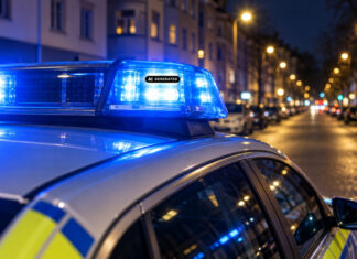 Schüsse in Hannover-Vahrenwald: Polizei verletzt 30-Jährige Das ki-generierte Symbolbild zeigt einen nächtlichen Polizeieinsatz mit Blaulicht im Querformat – ohne Menschen und Gesichter. Es stellt keinen konkreten Tatort dar.