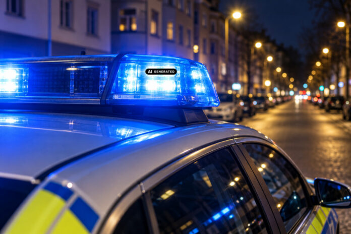 Blaulicht auf Streifenwagen Das ki-generierte Symbolbild zeigt einen nächtlichen Polizeieinsatz mit Blaulicht im Querformat – ohne Menschen und Gesichter. Es stellt keinen konkreten Tatort dar.