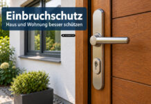 KI-generiertes Symbolbild: Nahaufnahme einer hölzernen Haustür mit Metallgriff und Schließzylinder. Daneben sind ein geschlossenes Fenster und Pflanzen zu sehen.