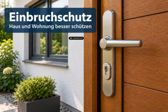 KI-generiertes Symbolbild: Nahaufnahme einer hölzernen Haustür mit Metallgriff und Schließzylinder. Daneben sind ein geschlossenes Fenster und Pflanzen zu sehen.