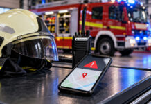Feuerwehrhelm, Funkgerät und Smartphone als Symbole für die Notfallalarmierung. KI-generiertes Symbolbild mit fiktiver Bildschirmansicht.