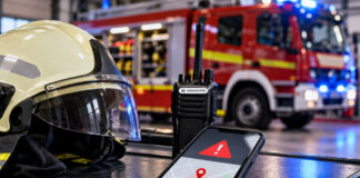 Feuerwehrhelm, Funkgerät und Smartphone als Symbole für die Notfallalarmierung. KI-generiertes Symbolbild mit fiktiver Bildschirmansicht.