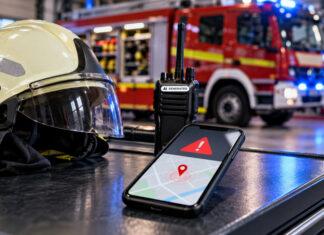 neue notfallsoftware soll feuerwehrkräften hilfe sichern feuerwehrhelm, funkgerät und smartphone als symbole für die notfallalarmierung. ki-generiertes symbolbild mit fiktiver bildschirmansicht.