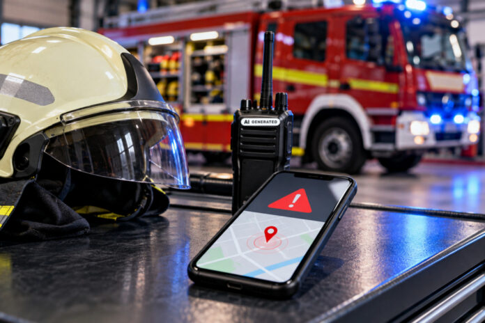 Feuerwehrhelm und digitale Notfallalarmierung Feuerwehrhelm, Funkgerät und Smartphone als Symbole für die Notfallalarmierung. KI-generiertes Symbolbild mit fiktiver Bildschirmansicht.