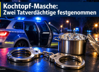 symbolbild: "kochtopf-masche / falsche polizeibeamte / mit alufolie ausgelegter kochtopf / streifenwagen im hintergrund - ki-generiert