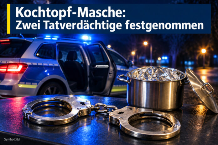 Kochtopf-Masche / Festnahme Symbolbild: "Kochtopf-Masche / falsche Polizeibeamte / mit Alufolie ausgelegter Kochtopf / Streifenwagen im Hintergrund - ki-generiert
