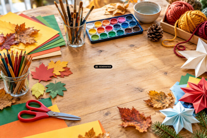 KI-generiertes Symbolbild mit bunten Bastelmaterialien und herbstlichen Motiven auf einem Kreativtisch