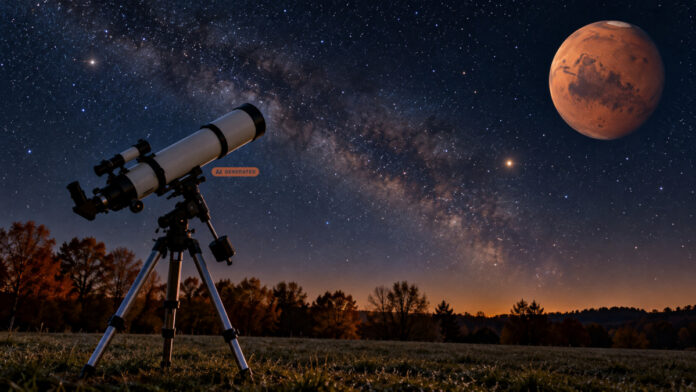 Herbstlicher Sternenabend mit Mars und Teleskop Symbolbild: Teleskop unter dem Sternenhimmel mit symbolischer Marsdarstellung - ki-generiert