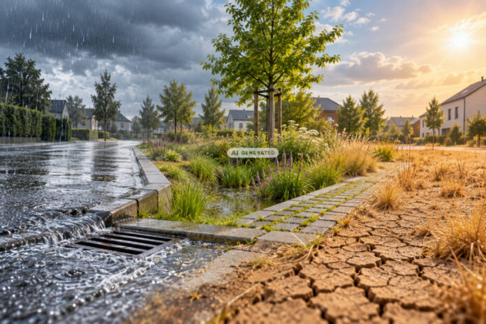 Starkregen, Hitze und Trockenheit: Begrünte Flächen können zur Klimaanpassung in Städten beitragen. - KI-generiertes Symbolbild