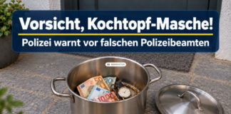 Ki-generiertes Symbolbild - Polizeiwarnung für falschen Polizeibeamten: Vor einer geschlossenen Haustür steht ein offener Kochtopf mit Geldscheinen, einer Armbanduhr und einer goldfarbenen Kette. Der Deckel liegt daneben.