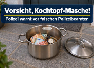 ki-generiertes symbolbild - polizeiwarnung für falschen polizeibeamten: vor einer geschlossenen haustür steht ein offener kochtopf mit geldscheinen, einer armbanduhr und einer goldfarbenen kette. der deckel liegt daneben.