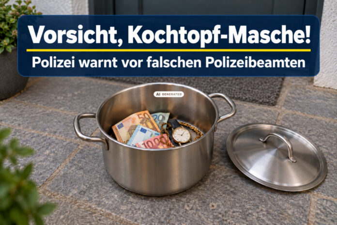 Ki-generiertes Symbolbild - Polizeiwarnung für falschen Polizeibeamten: Vor einer geschlossenen Haustür steht ein offener Kochtopf mit Geldscheinen, einer Armbanduhr und einer goldfarbenen Kette. Der Deckel liegt daneben.