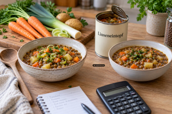 Linseneintopf selbst gekocht oder Fertiggericht Symbolbild zum Vergleich von selbstgekochtem Essen und Fertiggerichten. - ki-generiert