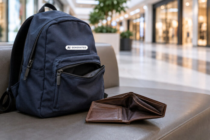 Symbolbild: Diebstahl aus dem Rucksack / Taschendiebstahl / Einkaufszentrum / KI-generiert