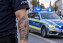 Polizei Niedersachsen erlaubt Tattoos an Armen und Beinen KI-generiertes Symbolbild im Querformat: tätowierter Arm, kein Gesicht, Streifenwagen mit Blaulicht im Hintergrund.