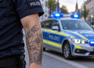 ki-generiertes symbolbild im querformat: tätowierter arm, kein gesicht, streifenwagen mit blaulicht im hintergrund.