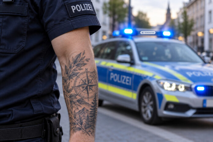 Polizeidienst mit Tattoo KI-generiertes Symbolbild im Querformat: tätowierter Arm, kein Gesicht, Streifenwagen mit Blaulicht im Hintergrund.