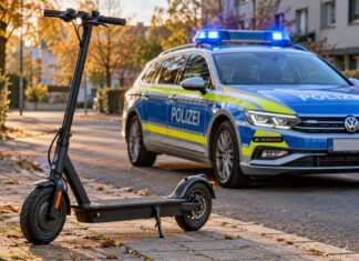 E-Scooter-Kontrollen in Langenhagen: 23 Strafverfahren eingeleitet E-Scooter vor einem Polizeifahrzeug. KI-generiertes Symbolbild.