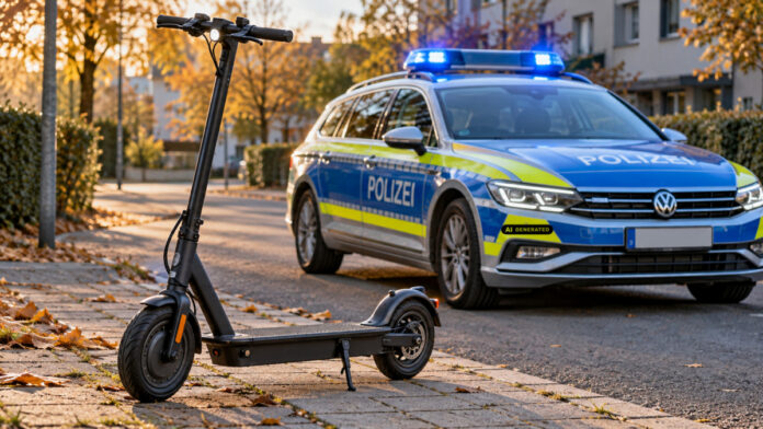 E-Scooter vor einem Polizeifahrzeug. KI-generiertes Symbolbild.