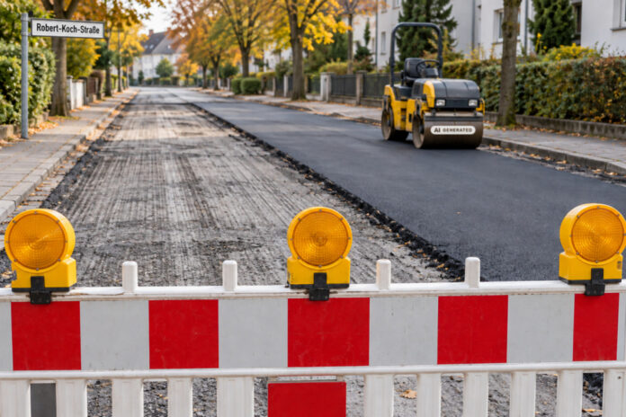 Fahrbahnsanierung - Robert-Koch-Straße Symbolbild: Straßenbauarbeiten / Straßenwalze / Fahrbahnsanierung - ki-generiert