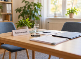Langenhagen bringt Sozialberatung direkt in die Quartiere KI-generiertes Symbolbild: Ein heller Beratungsraum mit zwei leeren Stühlen, Unterlagen und einem Tischschild „Sozialberatung“. Pflanzen und Tageslicht sorgen für eine einladende Atmosphäre.
