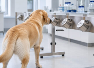 Spürhund an einer Geruchsprobenstation. KI-generiertes Symbolbild zur medizinischen Spürhundeforschung.