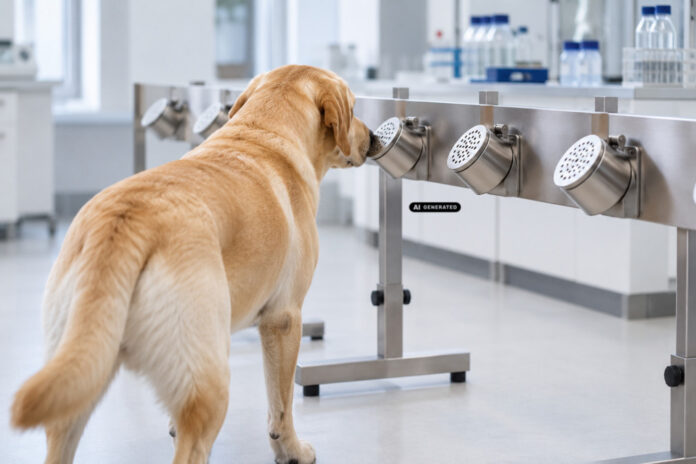 Spürhund an einer Geruchsprobenstation. KI-generiertes Symbolbild zur medizinischen Spürhundeforschung.