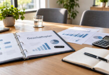 symbolbild zum beratungstag: ein besprechungstisch mit geschäftsplan, finanzunterlagen und notizbuch - ki-generiert