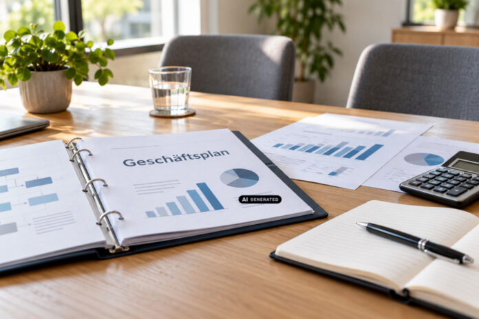 Symbolbild zum Beratungstag: ein Besprechungstisch mit Geschäftsplan, Finanzunterlagen und Notizbuch - ki-generiert