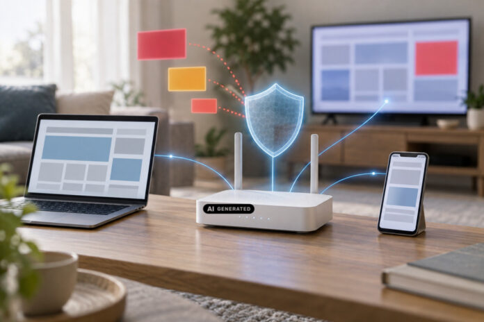 Symbolbild: Laptop / Internet / Router / Cybersicherheit / W-LAN / Smarthome / Heimnetzwerk - ki-generiert