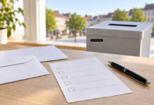 Wahlbrief und Stimmzettel als Symbol für die Briefwahl zum Seniorenbeirat. KI-generiertes Symbolbild.