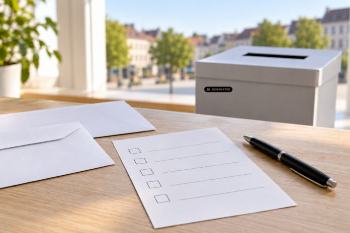 Wahlbrief und Stimmzettel als Symbol für die Briefwahl zum Seniorenbeirat. KI-generiertes Symbolbild.